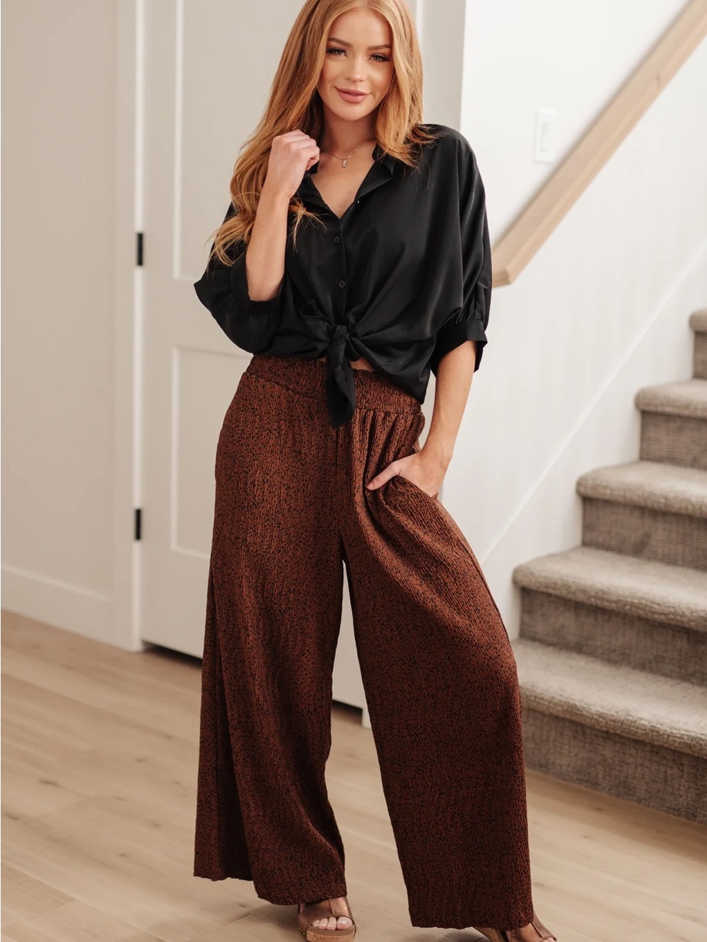 Wide Leg Smocked Waist Brown Animal Dot Print Pants
